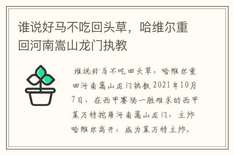 谁说好马不吃回头草，哈维尔重回河南嵩山龙门执教