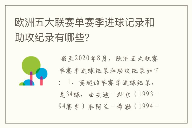 欧洲五大联赛单赛季进球记录和助攻纪录有哪些？