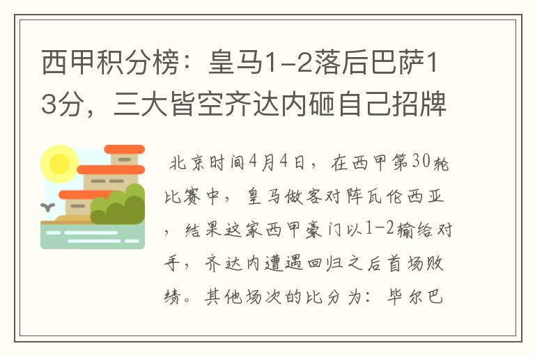 西甲积分榜：皇马1-2落后巴萨13分，三大皆空齐达内砸自己招牌？