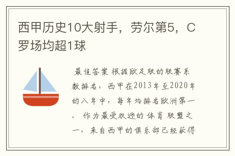 西甲历史10大射手，劳尔第5，C罗场均超1球