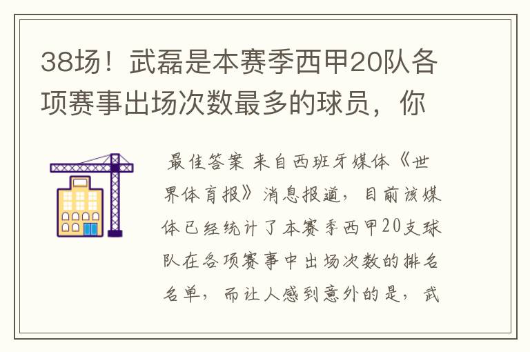 38场！武磊是本赛季西甲20队各项赛事出场次数最多的球员，你怎么看？