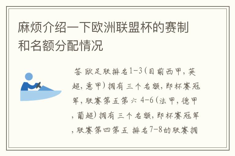 麻烦介绍一下欧洲联盟杯的赛制和名额分配情况