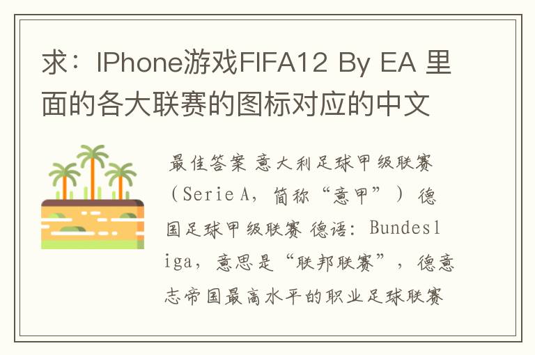 求：IPhone游戏FIFA12 By EA 里面的各大联赛的图标对应的中文名称 例如：Liga BBVA 西甲