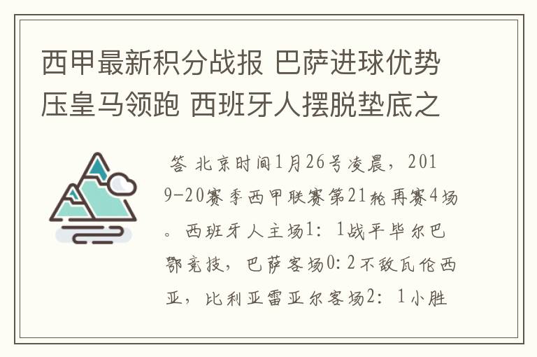 西甲最新积分战报 巴萨进球优势压皇马领跑 西班牙人摆脱垫底之位