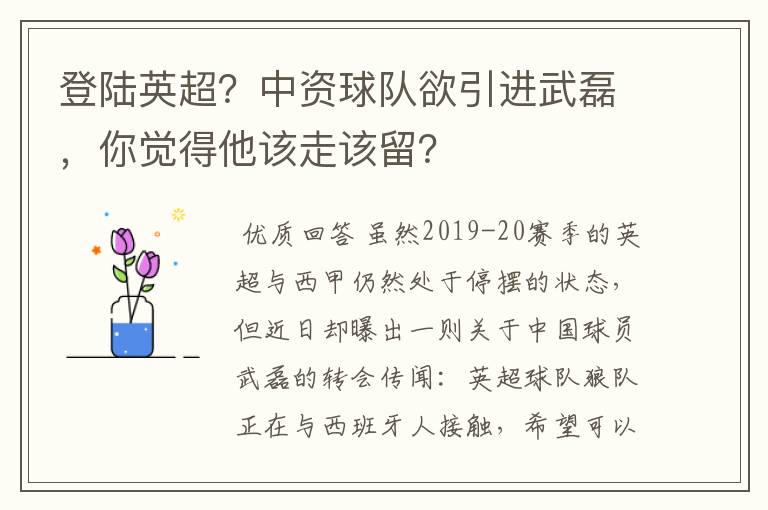 登陆英超？中资球队欲引进武磊，你觉得他该走该留？