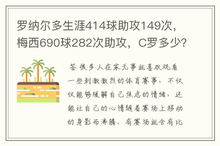 罗纳尔多生涯414球助攻149次，梅西690球282次助攻，C罗多少？