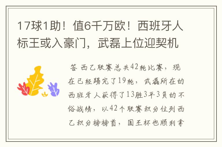 17球1助！值6千万欧！西班牙人标王或入豪门，武磊上位迎契机