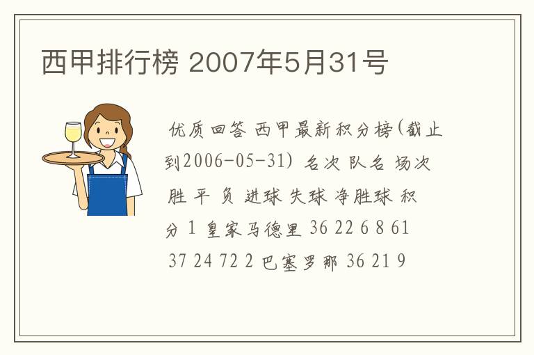 西甲排行榜 2007年5月31号