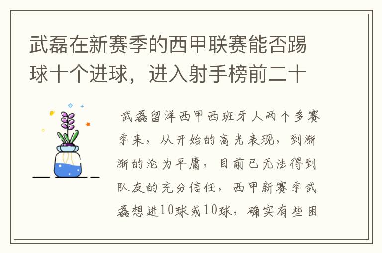 武磊在新赛季的西甲联赛能否踢球十个进球，进入射手榜前二十？