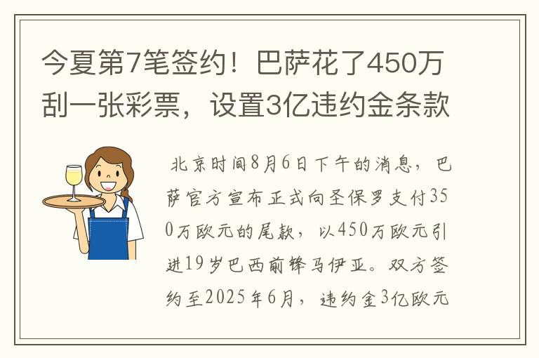 今夏第7笔签约！巴萨花了450万刮一张彩票，设置3亿违约金条款