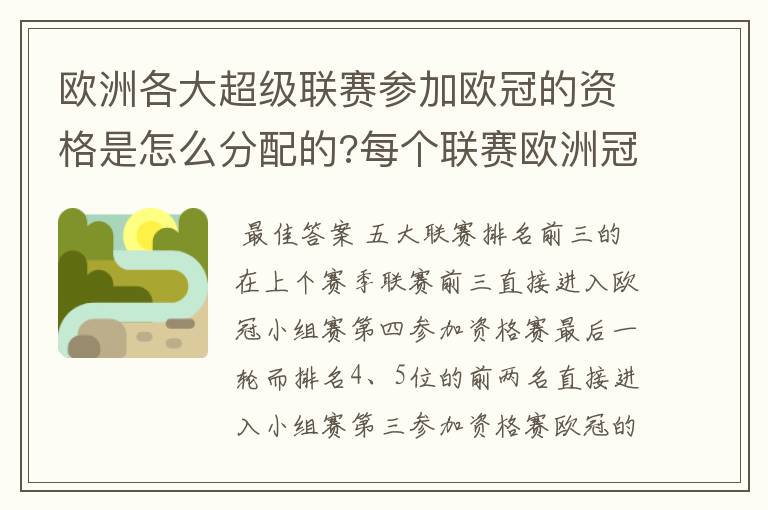 欧洲各大超级联赛参加欧冠的资格是怎么分配的?每个联赛欧洲冠军杯参赛队