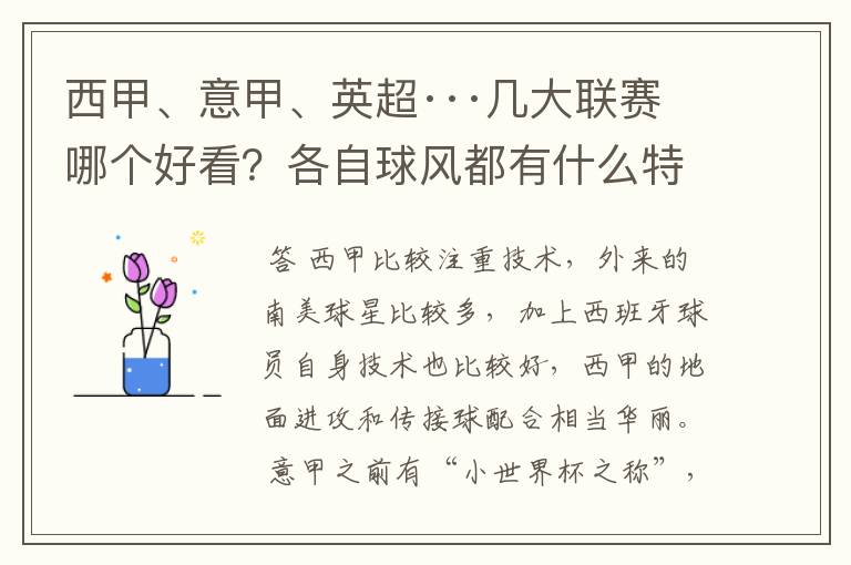 西甲、意甲、英超···几大联赛哪个好看？各自球风都有什么特征？