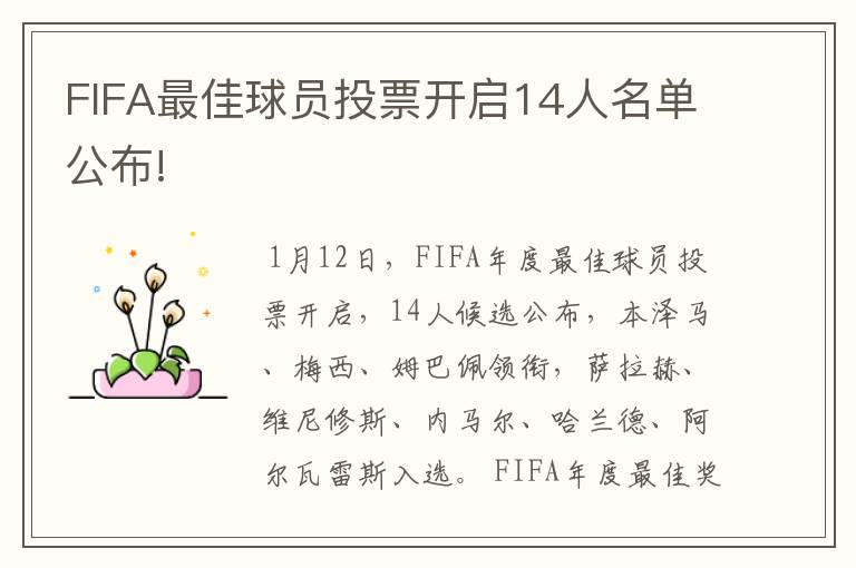 FIFA最佳球员投票开启14人名单公布!