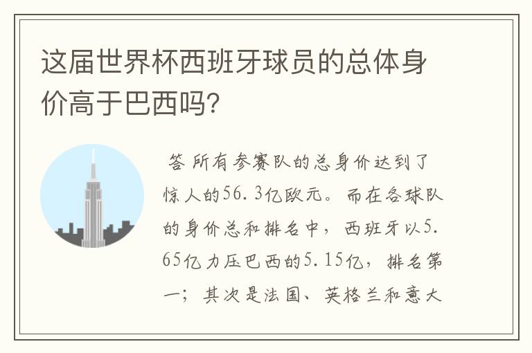 这届世界杯西班牙球员的总体身价高于巴西吗？