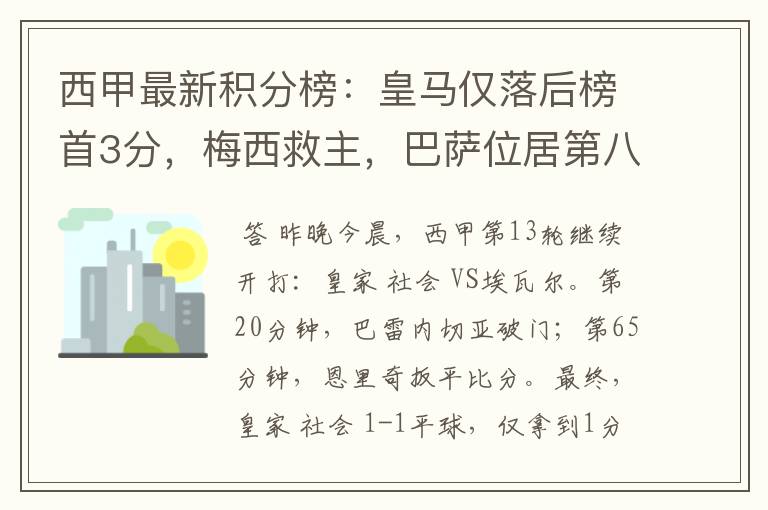 西甲最新积分榜：皇马仅落后榜首3分，梅西救主，巴萨位居第八