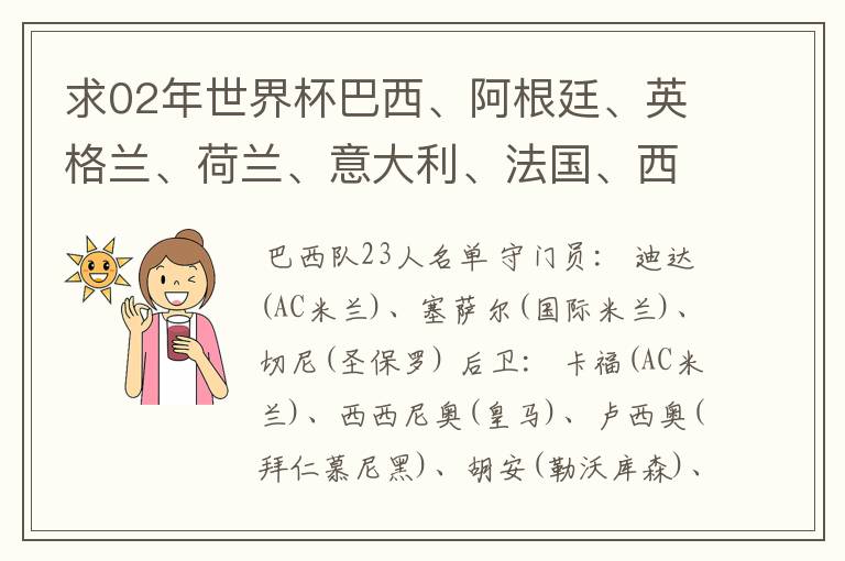 求02年世界杯巴西、阿根廷、英格兰、荷兰、意大利、法国、西班牙的全部阵容