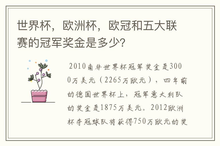 世界杯，欧洲杯，欧冠和五大联赛的冠军奖金是多少？