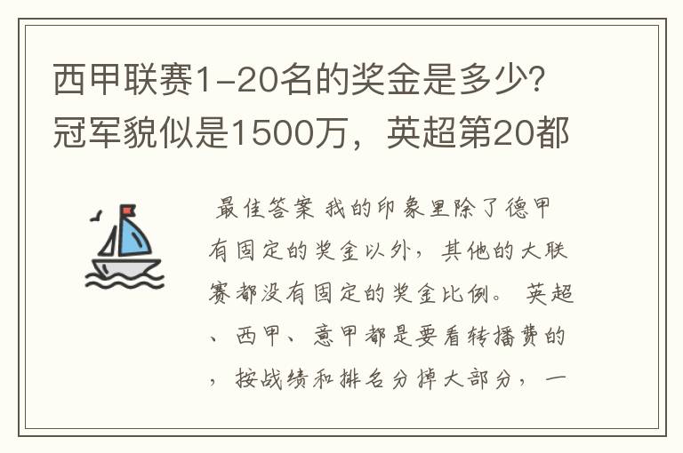 西甲联赛1-20名的奖金是多少？冠军貌似是1500万，英超第20都是4000万呀！