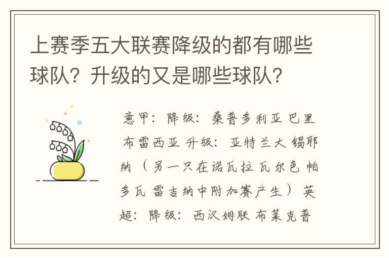 上赛季五大联赛降级的都有哪些球队？升级的又是哪些球队？