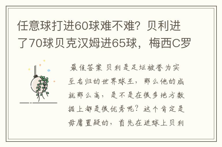 任意球打进60球难不难？贝利进了70球贝克汉姆进65球，梅西C罗呢