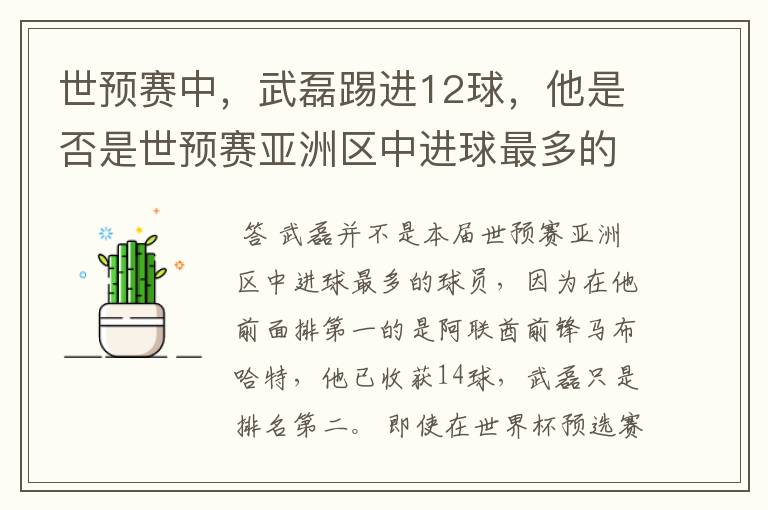 世预赛中，武磊踢进12球，他是否是世预赛亚洲区中进球最多的球员？