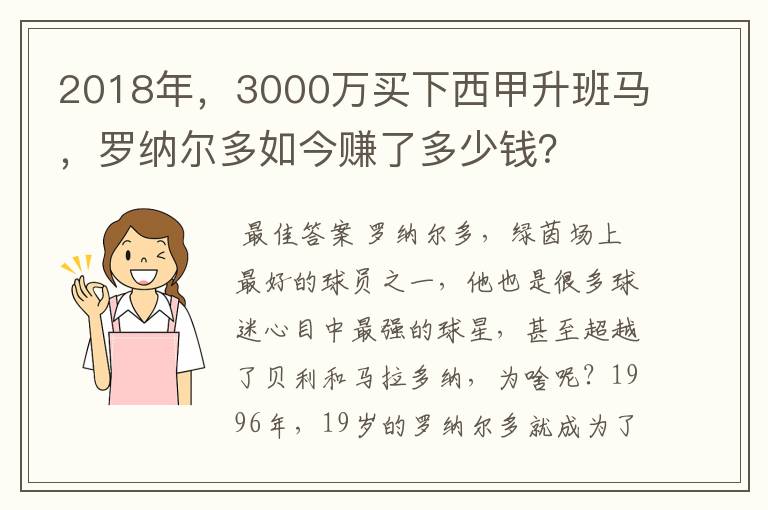 2018年，3000万买下西甲升班马，罗纳尔多如今赚了多少钱？