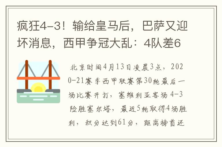 疯狂4-3！输给皇马后，巴萨又迎坏消息，西甲争冠大乱：4队差6分