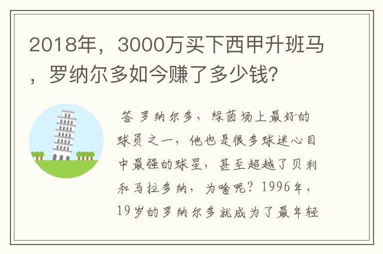 2018年，3000万买下西甲升班马，罗纳尔多如今赚了多少钱？