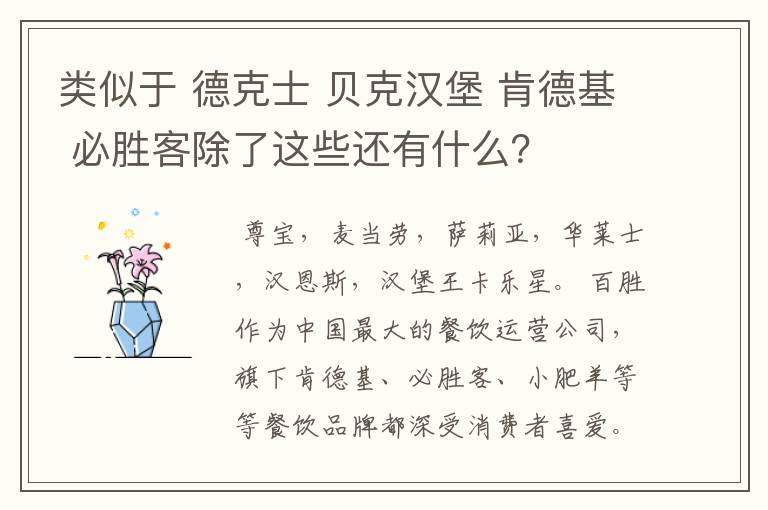 类似于 德克士 贝克汉堡 肯德基 必胜客除了这些还有什么？