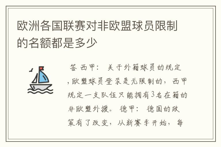 欧洲各国联赛对非欧盟球员限制的名额都是多少