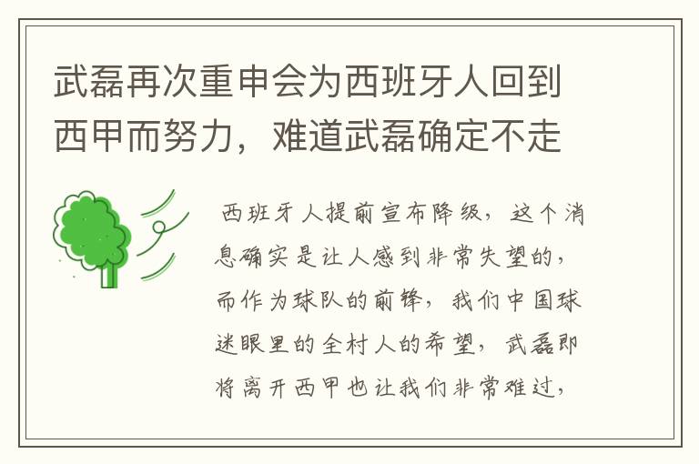 武磊再次重申会为西班牙人回到西甲而努力，难道武磊确定不走了？