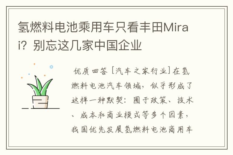 氢燃料电池乘用车只看丰田Mirai？别忘这几家中国企业