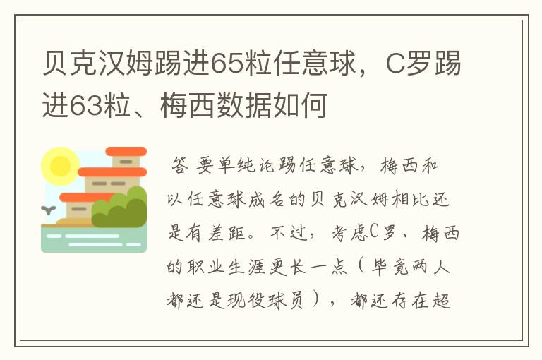 贝克汉姆踢进65粒任意球，C罗踢进63粒、梅西数据如何