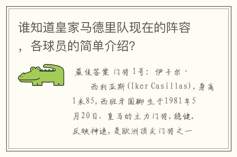 谁知道皇家马德里队现在的阵容，各球员的简单介绍？