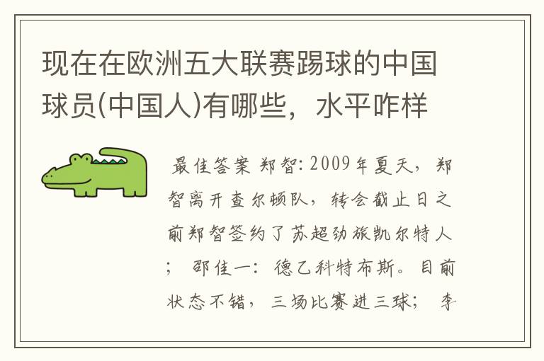 现在在欧洲五大联赛踢球的中国球员(中国人)有哪些，水平咋样？