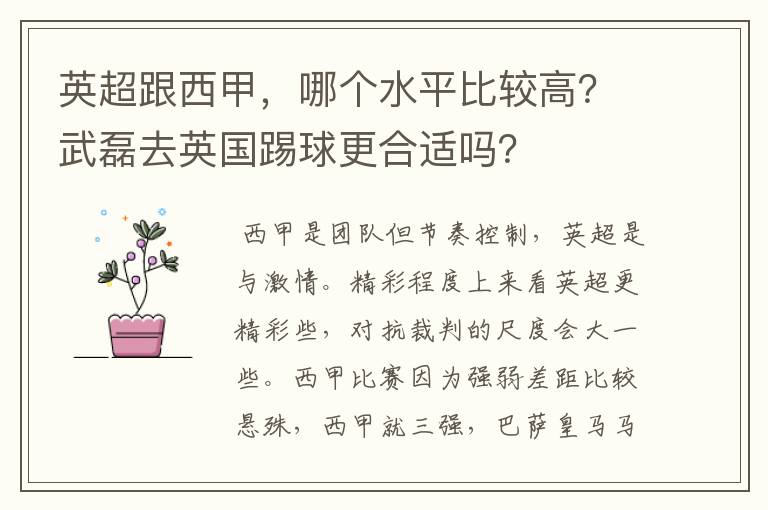 英超跟西甲，哪个水平比较高？武磊去英国踢球更合适吗？