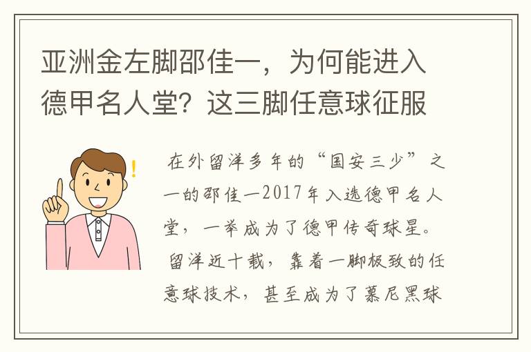 亚洲金左脚邵佳一，为何能进入德甲名人堂？这三脚任意球征服德甲