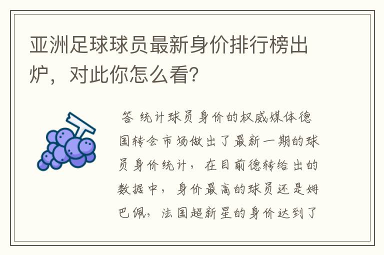 亚洲足球球员最新身价排行榜出炉，对此你怎么看？