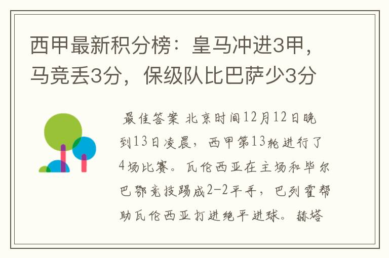 西甲最新积分榜：皇马冲进3甲，马竞丢3分，保级队比巴萨少3分