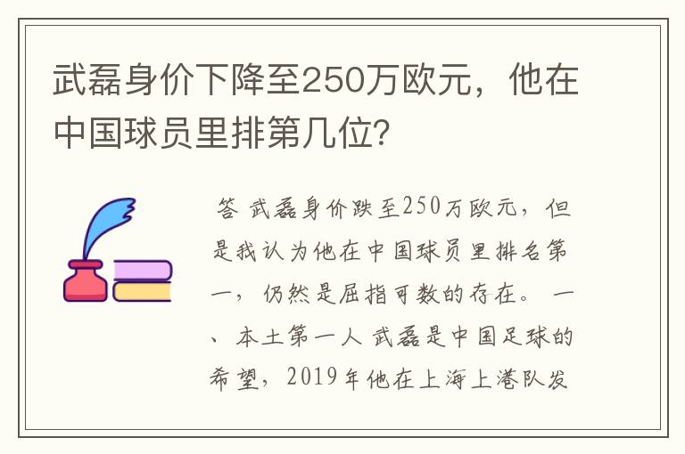 武磊身价下降至250万欧元，他在中国球员里排第几位？