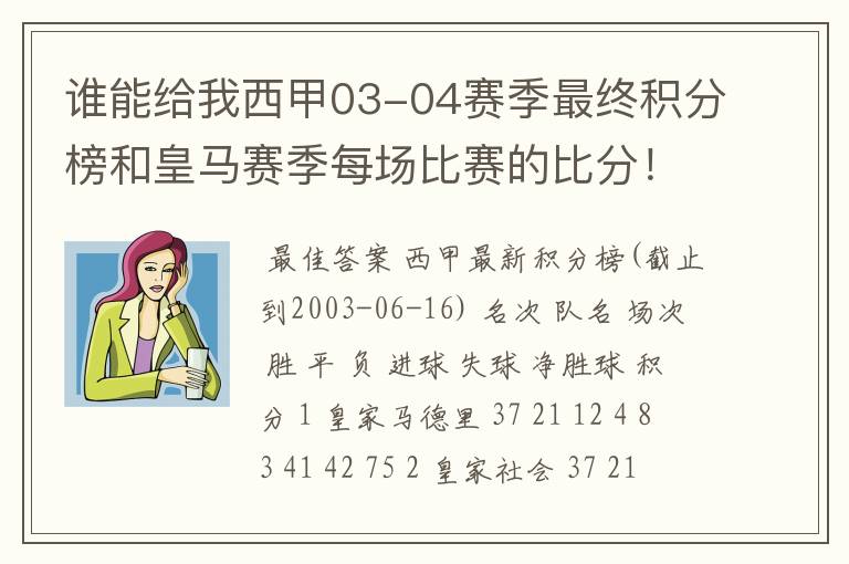 谁能给我西甲03-04赛季最终积分榜和皇马赛季每场比赛的比分！