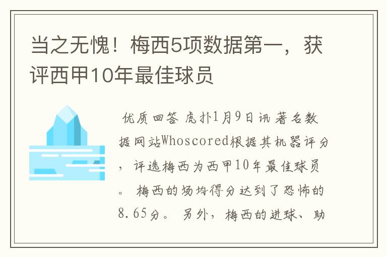 当之无愧！梅西5项数据第一，获评西甲10年最佳球员