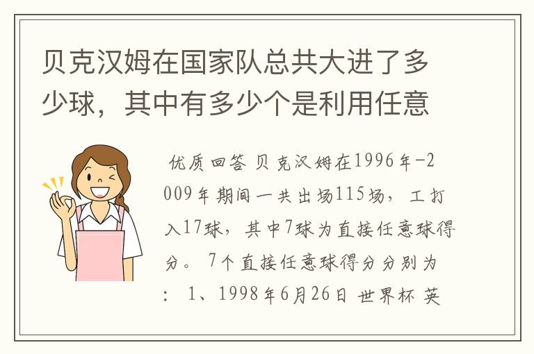 贝克汉姆在国家队总共大进了多少球，其中有多少个是利用任意球破门的！