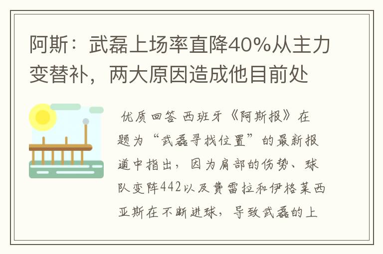 阿斯：武磊上场率直降40%从主力变替补，两大原因造成他目前处境