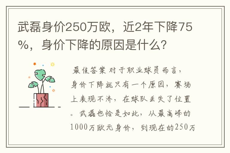 武磊身价250万欧，近2年下降75%，身价下降的原因是什么？