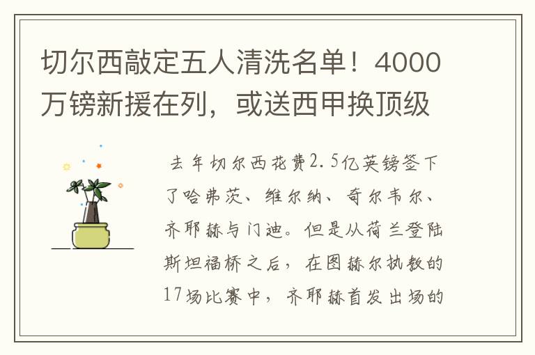 切尔西敲定五人清洗名单！4000万镑新援在列，或送西甲换顶级铁闸