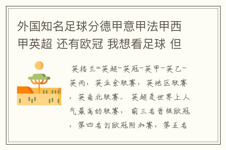 外国知名足球分德甲意甲法甲西甲英超 还有欧冠 我想看足球 但不知道怎么分辨他们怎么进行比赛的