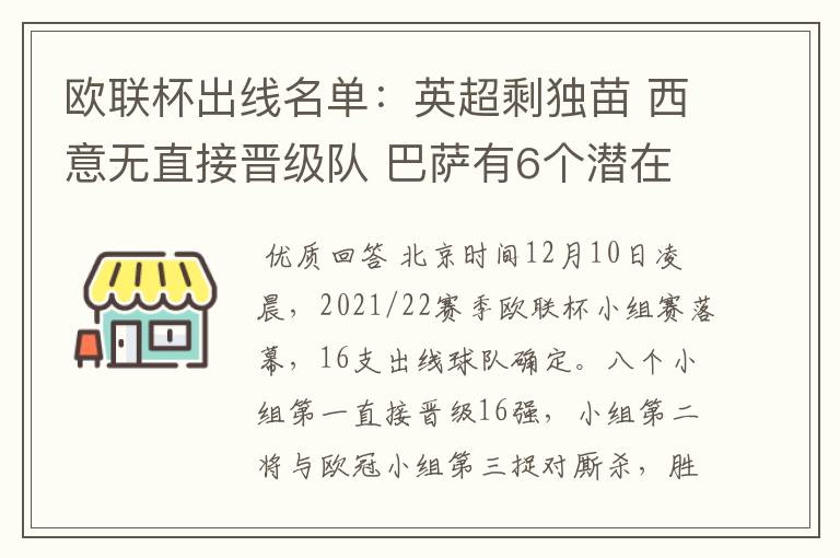 欧联杯出线名单：英超剩独苗 西意无直接晋级队 巴萨有6个潜在对手