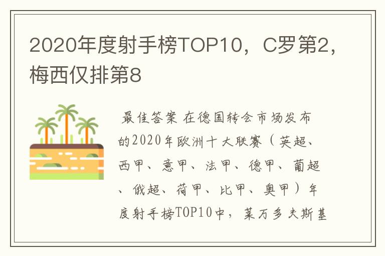 2020年度射手榜TOP10，C罗第2，梅西仅排第8