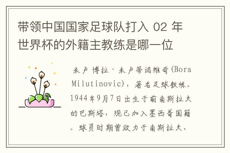 带领中国国家足球队打入 02 年世界杯的外籍主教练是哪一位